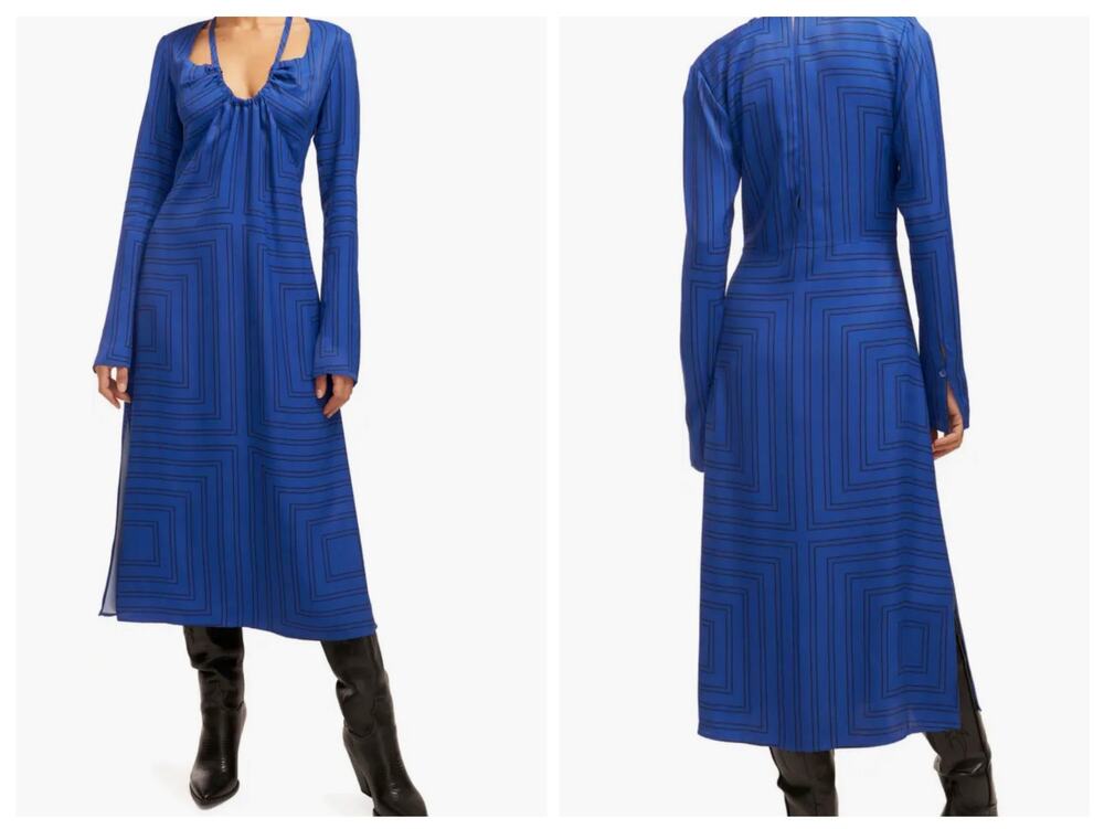 Equipment Vera Long Sleeve Midi Dress Geometric Print Blue Back